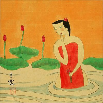 Chinese Woman in the Lotus Pond - Modern Art Painting