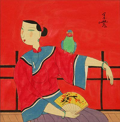 Elegant Chinese Lady with Parrot - Modern Art Painting