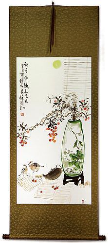 Traditional Antique-Style Plum Blossom Still Life - Large Wall Scroll