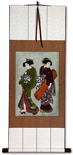 Geisha & Servant Carrying a Shamisen Box - Japanese Print - Wall Scroll