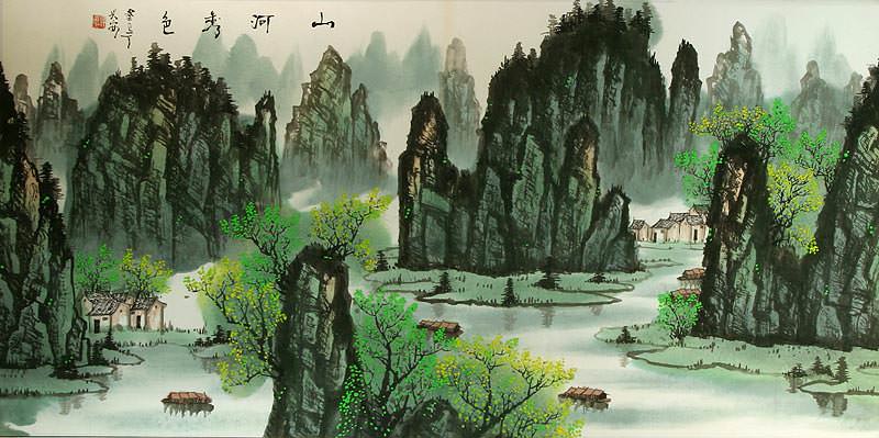 Huge Li River Green Trees Landscape Painting