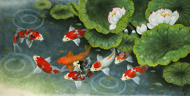 Koi Fish and Lillies Feeding Time Painting