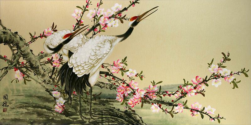 Large Chinese Cranes and Blossoms Painting