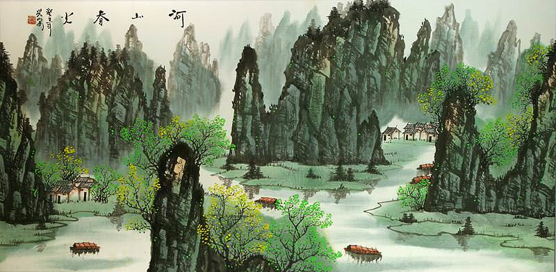 Large Chinese Village Landscape Painting