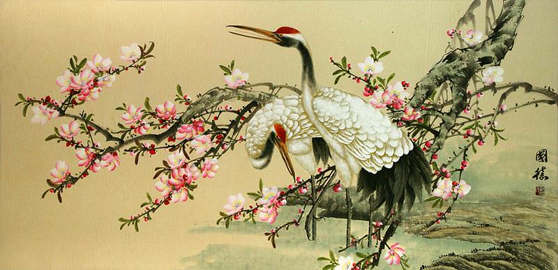Large Asian Cranes and Blossoms Painting