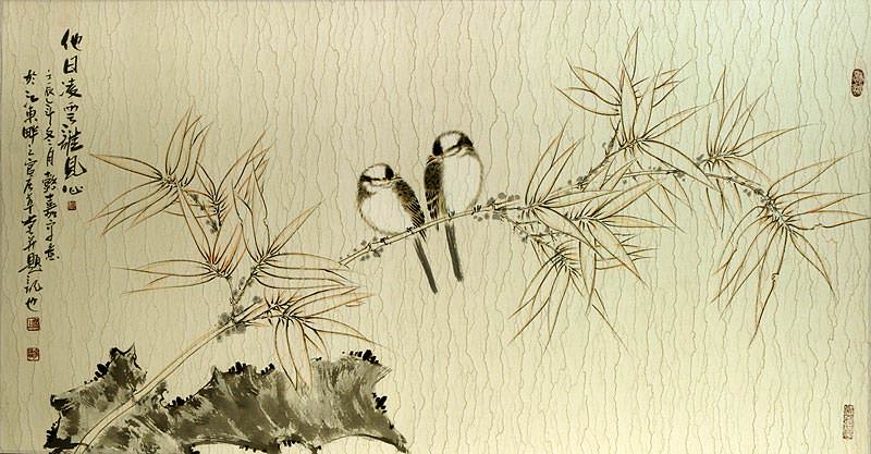 Birds on Bamboo - Large Painting