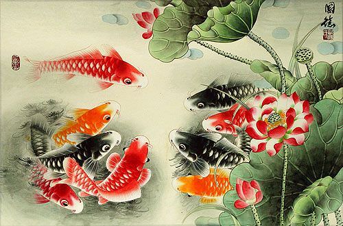 Koi Fish and Lotus Flower - Colorful Chinese Art Painting