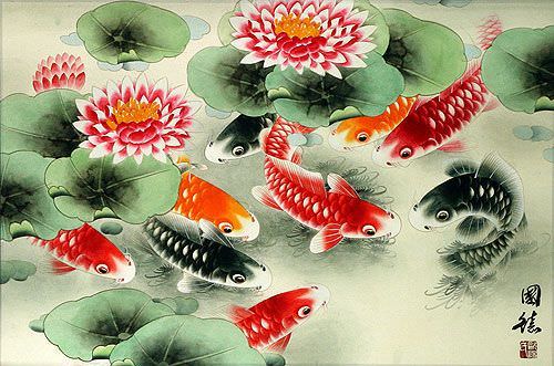 Koi Fish and Lotus Flower - Colorful Chinese Art Painting