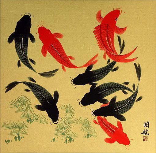 Big Koi Fish Painting on Antiqued Paper