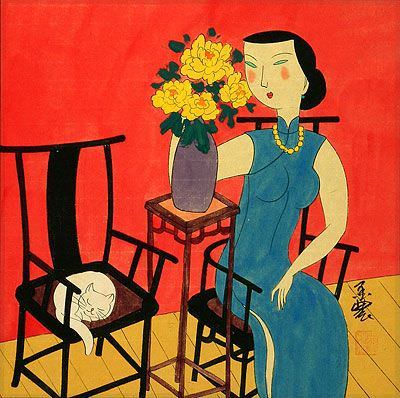 Chinese Woman and Cat - Modern Art Painting