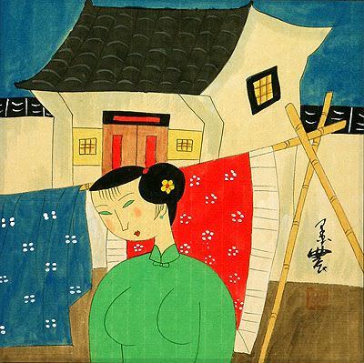 Asian Woman Hanging Laundry - Modern Art Painting