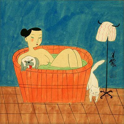 Chinese Lady in the Bath with Cat and Dog - Asian Modern Art Painting