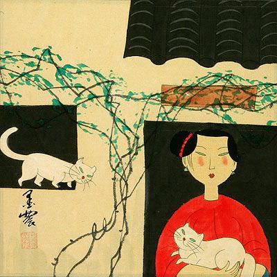 Woman and Cats - Chinese Modern Art Painting