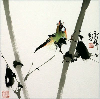 Bird on Bamboo Freehand Painting