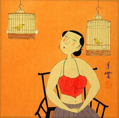 Chinese Woman and Bird Cages - Modern Art Painting