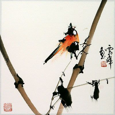 Chinese Bird and Bamboo Grass Painting