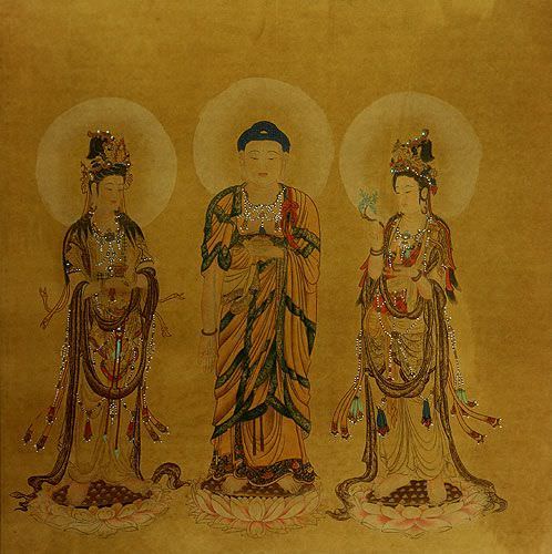 Large Antique-Style Three Buddhas Painting