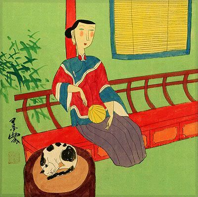 Asian Woman and Cat - Modern Oriental Art Painting