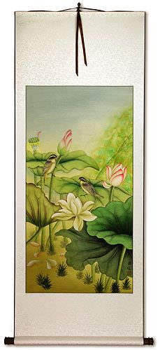 Little Birds and Beautiful Lotus Wall Scroll