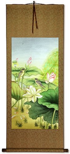 Beautiful Lotus and Little Birds Wall Scroll