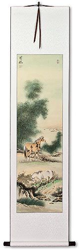 Chinese Horses Wall Scroll