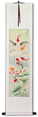 Koi Fish & Lotus Flower - Chinese Scroll