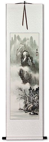 Asian Boat on River Landscape Wall Scroll