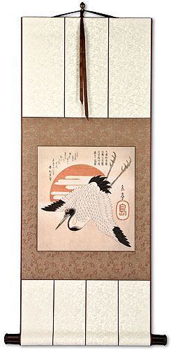 Antique-Style Japanese Crane Woodblock Print Repro Wall Scroll