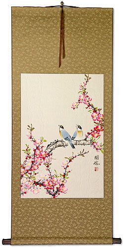 Birds and Bright Red-Pink Plum Blossom Wall Scroll