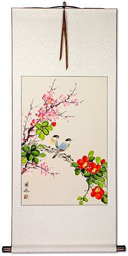 Birds Plum Blossom and Flower Wall Scroll