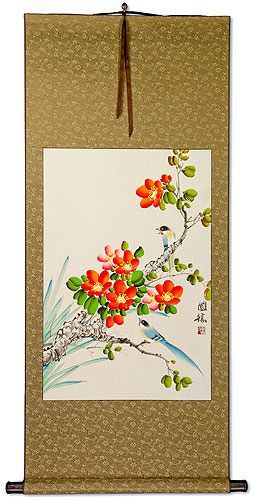 Blue Birds an Orange Flowers Wall Scroll