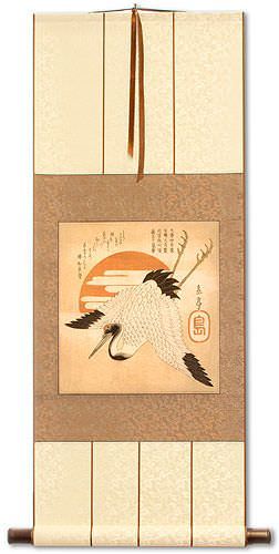 Antique-Style Japanese Crane Woodblock Print Repro Wall Scroll