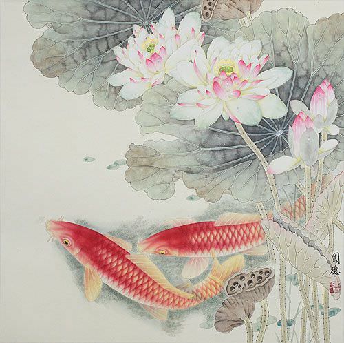 Koi Fish and Lotus Flower - Gorgeous Chinese Painting