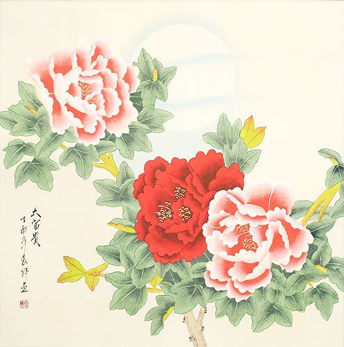 Chinese Peony Flower & Moon Painting