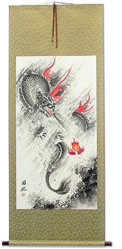 Flying Chinese Dragon Lightning Pearl - Asian Scroll