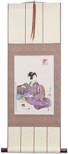 Geisha Woman Sewing - Japanese Woodblock Print Repro - Wall Scroll
