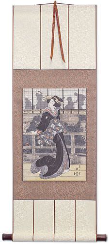 Geisha on the Veranda - Japanese Woodblock Print Repro - Wall Scroll