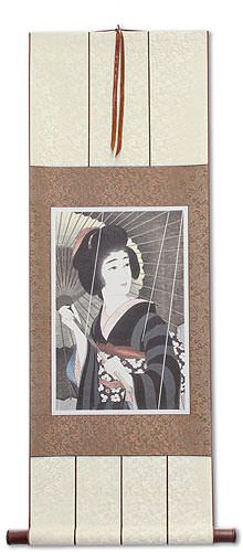 Rain - Woman & Parasol - Japanese Woodblock Print Repro - Wall Scroll