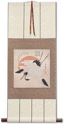 Antique-Style Japanese Crane Woodblock Print Repro Wall Scroll