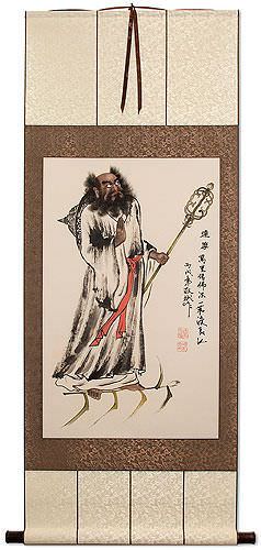 Damo Buddha Flying on a Reed Stalk - Wall Scroll