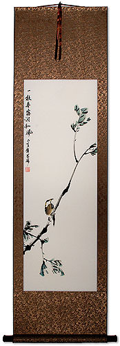 Spring Dew Moistens the Wind - Bird on Branch - Wall Scroll