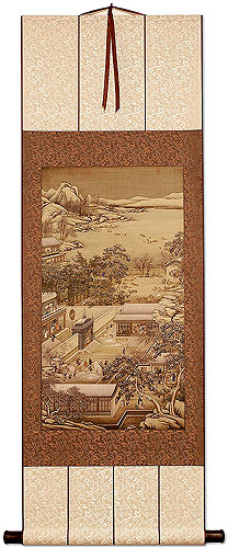 Chinese Ancient Village Landscape Print - Wall Scroll