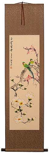 Birds with Yulan Flowers and Plum Blossoms Wall Scroll