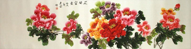 Colorful Peony Flowers - Wide Chinese Painting