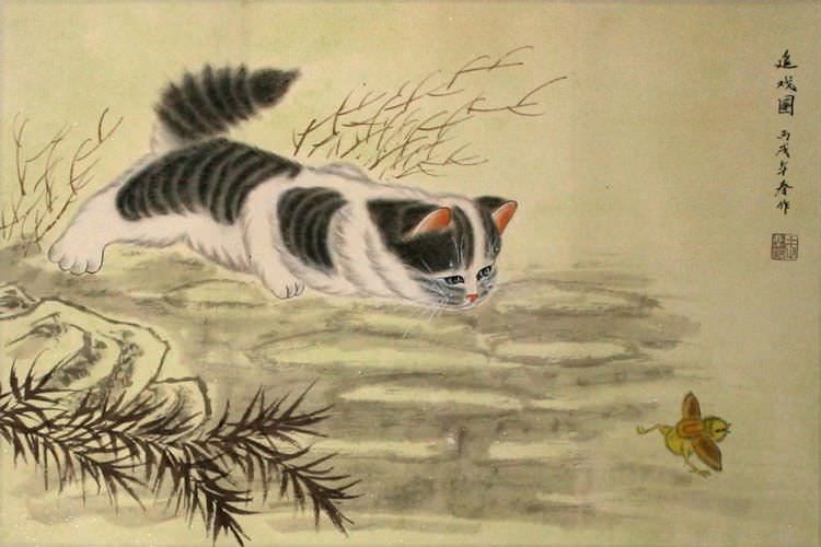 Kitten Chasing Bird - Asian Painting