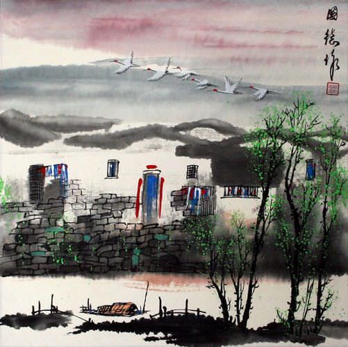 Birds Over Suzhou - Chinese Village Painting