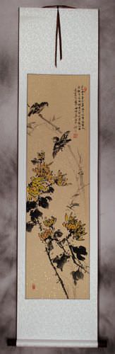 Birds and Chrysanthemum Flowers Wall Scroll