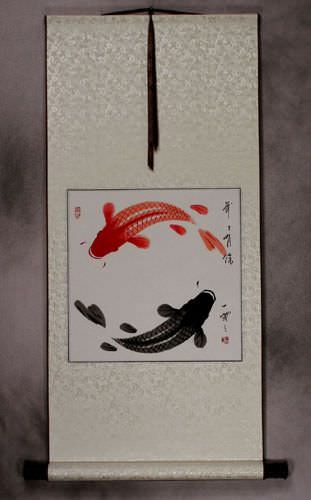 Yin Yang Fish on Ivory Silk Scroll