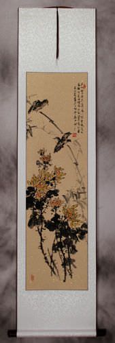 Birds and Chrysanthemum Flowers Wall Scroll