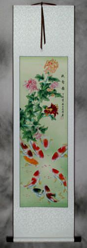 Koi Fish and Chrysanthemum Chinese Scroll